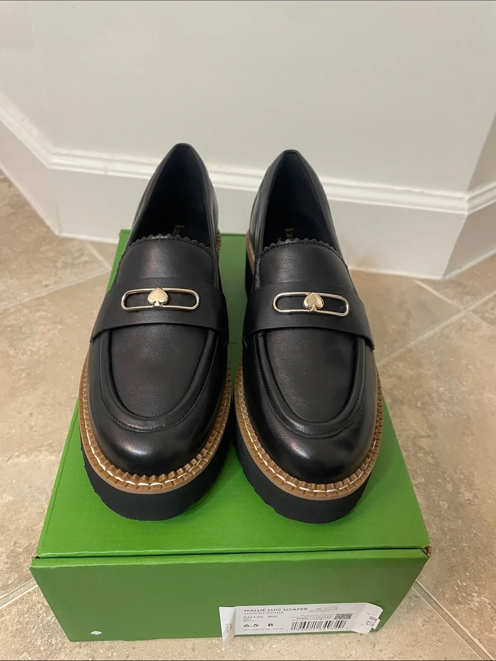 kate spade Black Leather Platform Loafers with Gold Spade Accent